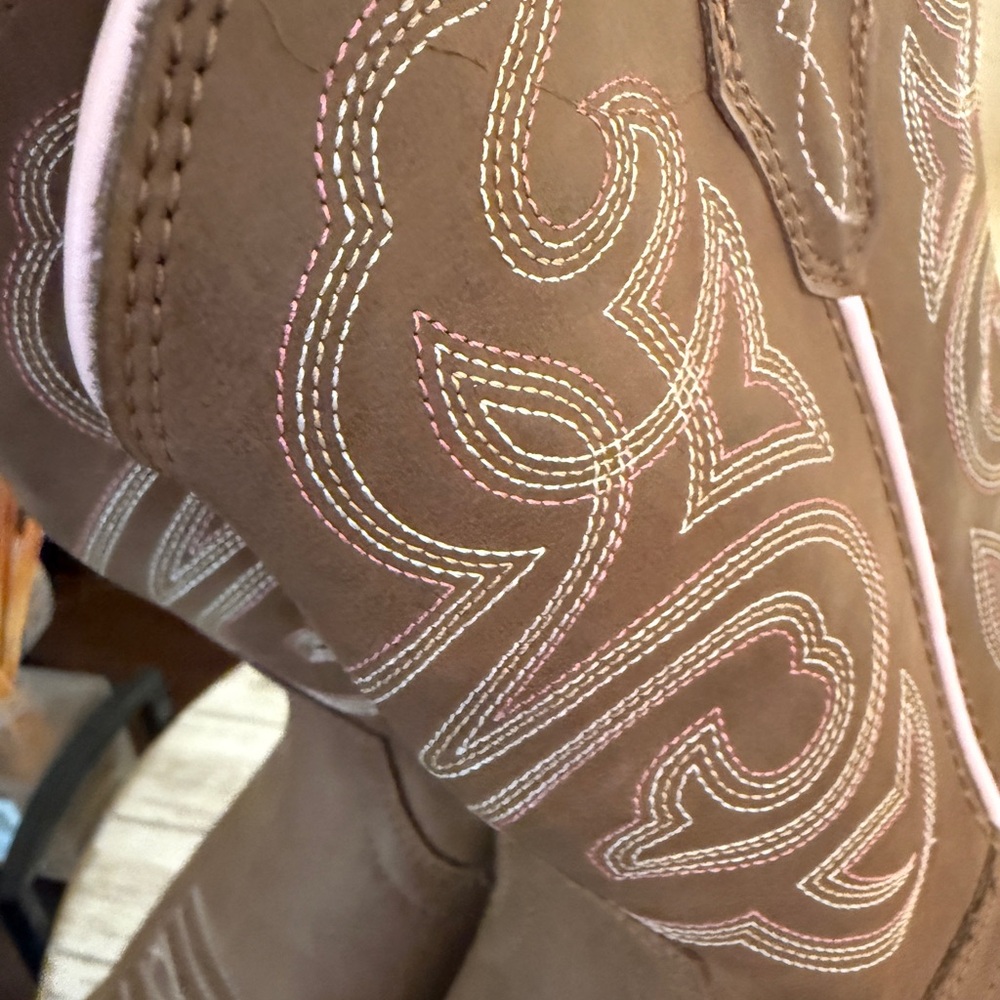 Ariat Tan Leather Boots with Pink & White Stitching - Picture 9 of 15